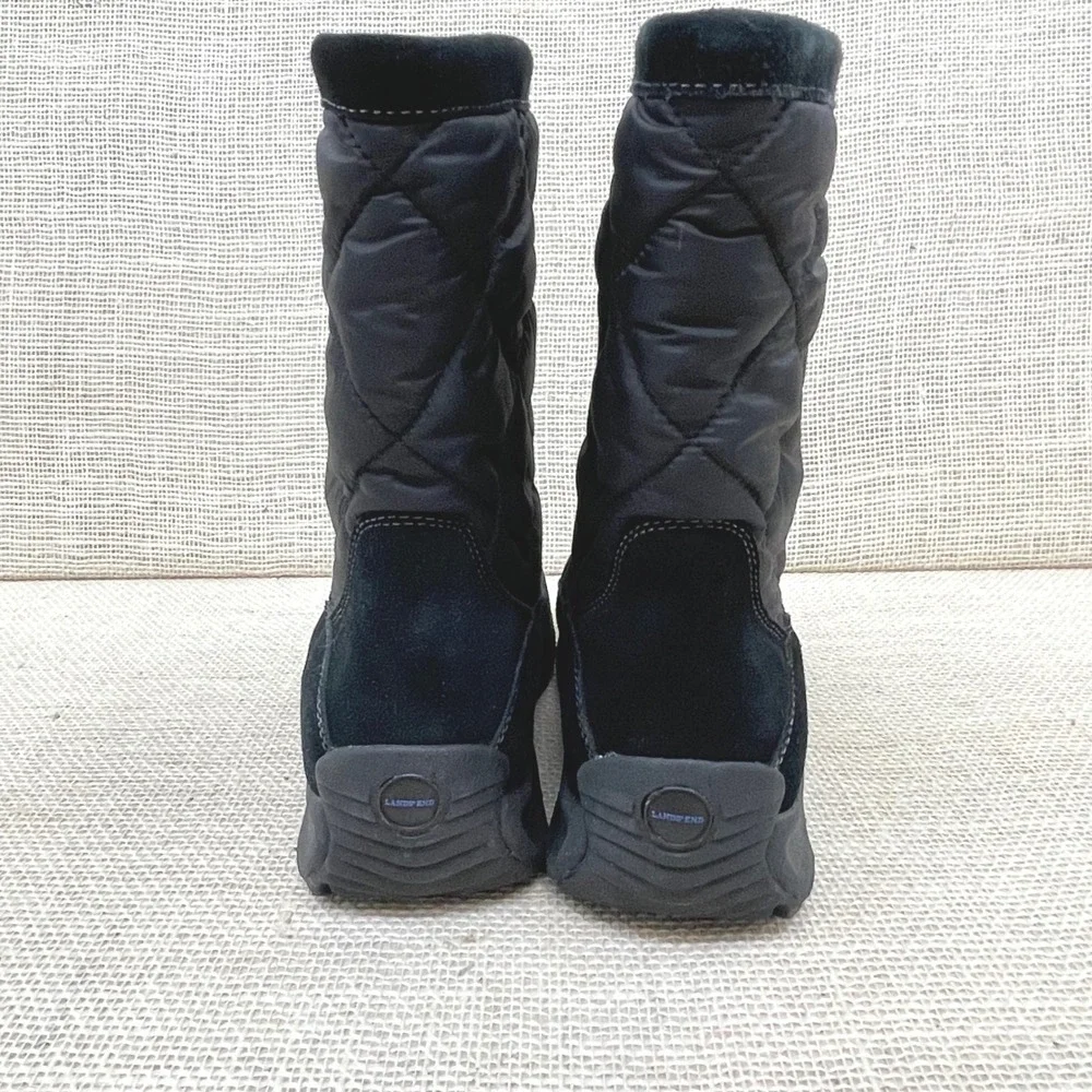 Lands' End Womens Black Suede Quilted Front Zip Winter Snow Boots‎ 7B 176848